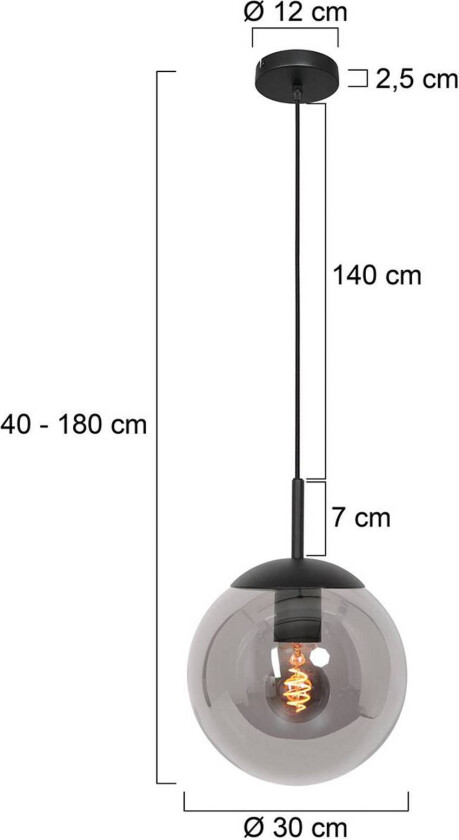Bollique hengelampe, svart, Ø 30 cm, glass, 1 lyskilde, kuppel