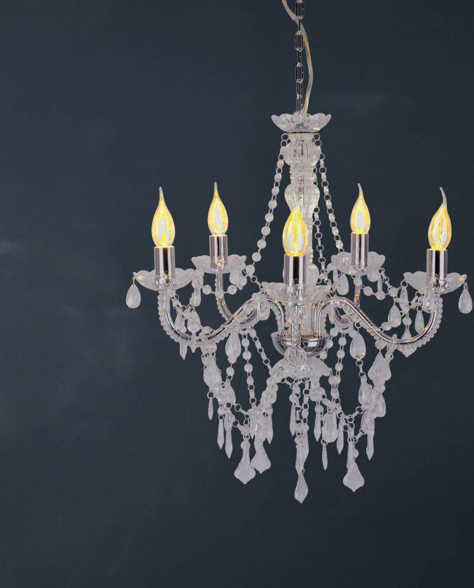 Cecilia lysekrone, krom, jern/akryl, Ø 52 cm, 5 lyskilder.