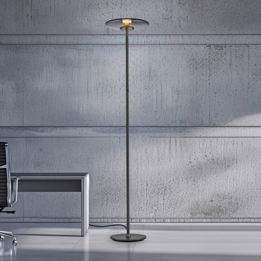 PURE LED-gulvlampe Vitrum, grå aluminium/glass med berøringsdimmer