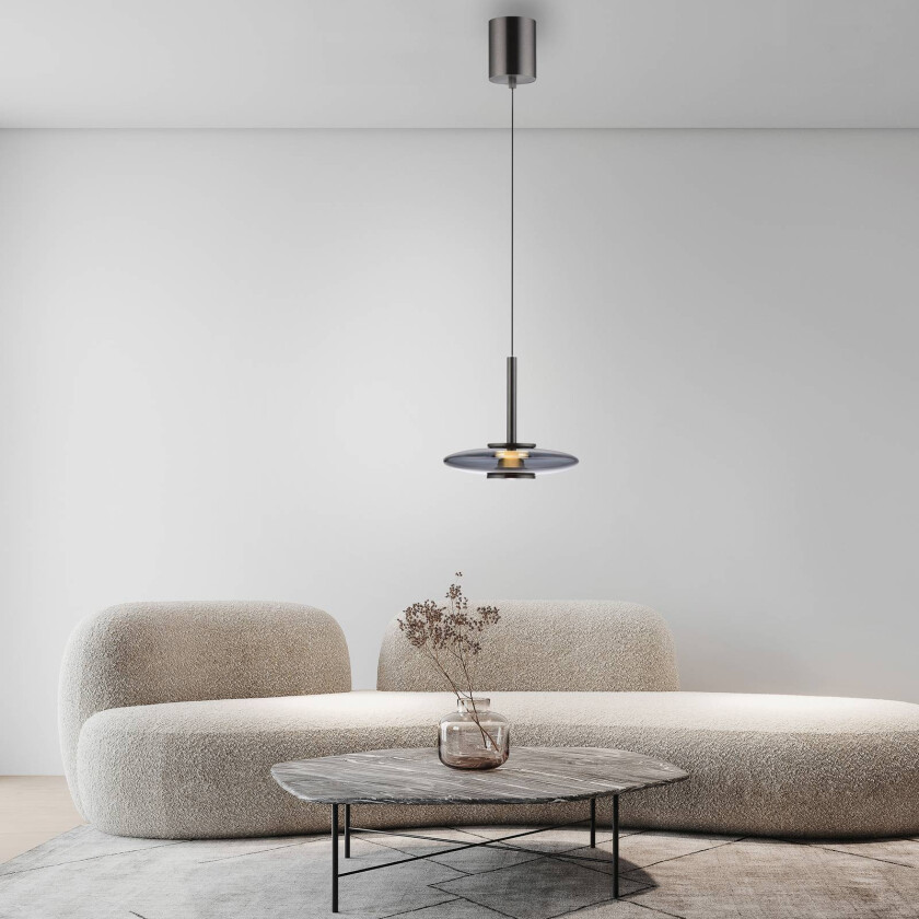 PURE hengelampe Vitrum, grå, glass/aluminium, Ø 22 cm