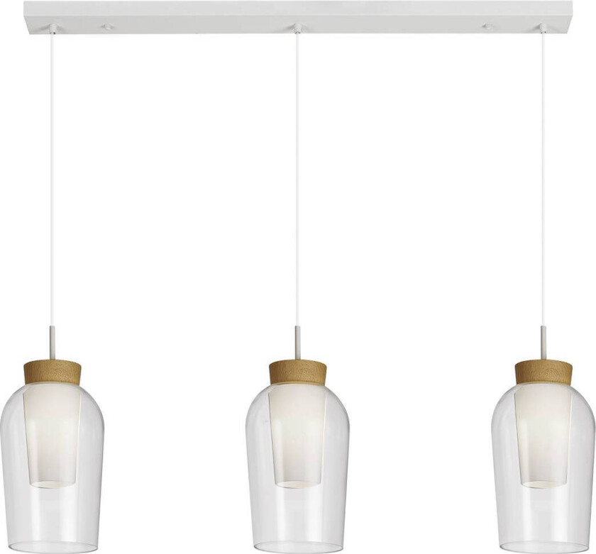 Nora hengelampe, hvit, transparent, 3 lyskilder, glass