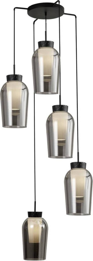 Nora pendellampe, svart, krom, 5 lyskilder, rund, glass