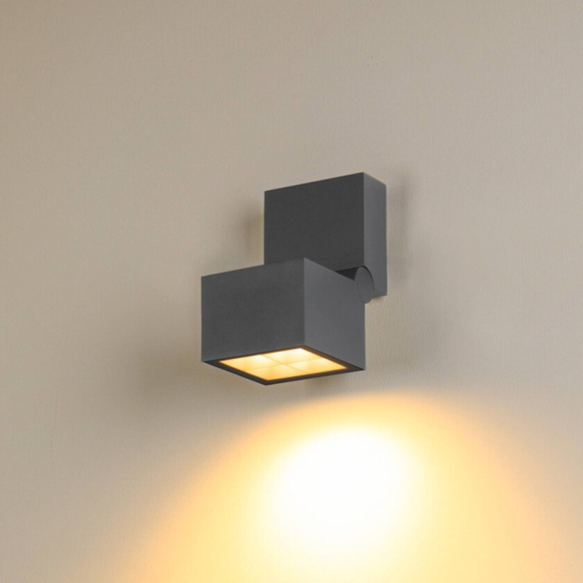 LED-vegglampe S-Cube, antrasitt, aluminium, bredde 9,5 cm, CCT