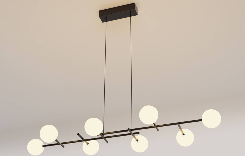 Hengelampe kjeller, jern, svart, glass, hvit, 8 lyskilder