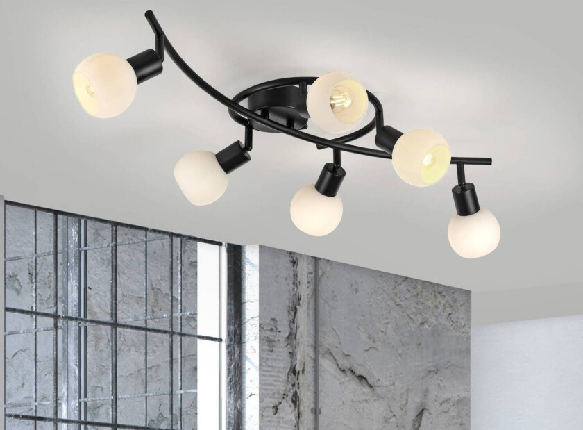 Loki taklampe, 6 lyskilder, svart, jern, glass