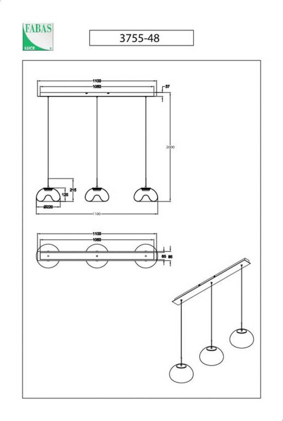 Hengelampe Brena, transparent, 3 lyskilder, dimbar, CCT