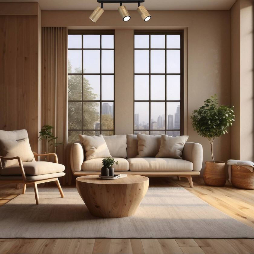 Taklampe Nise, 3 lyskilder, langstrakt, svart stål, tre