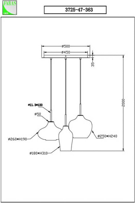 Hengelampe Olbia, Ø 50 cm, 3 lyskilder, rav/blå/beige, glass