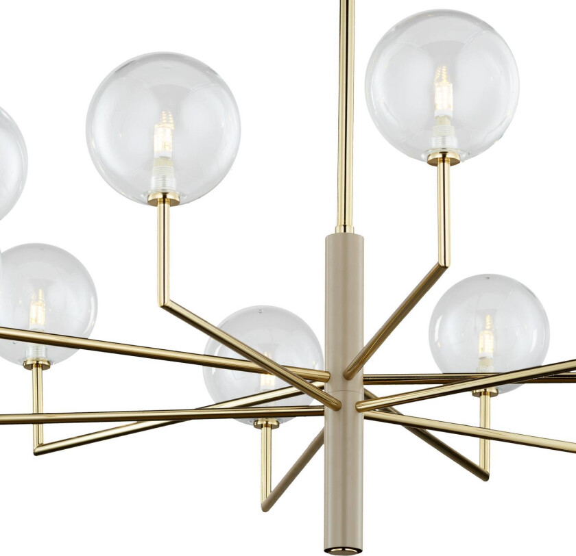 Feme lysekrone, gullfarget, glass, 10 lyskilder, G9