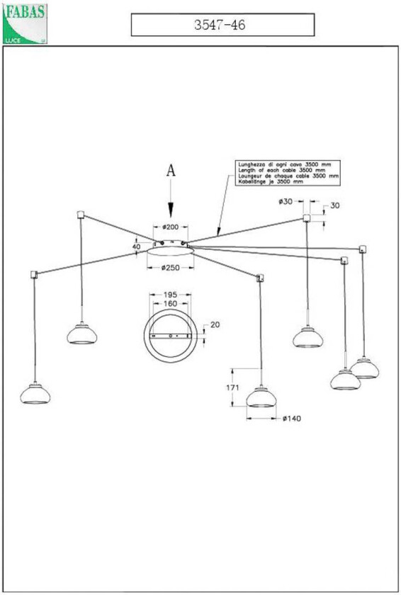 Arabella hengelampe, røykgrå, 6 lyskilder, desentralisert
