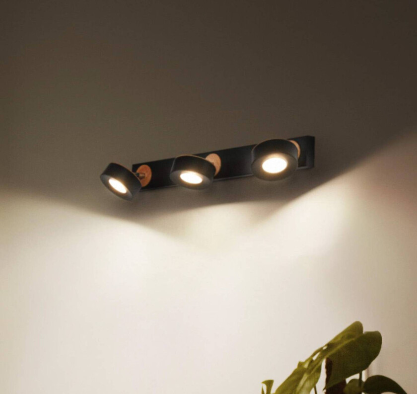 LED-takspot Pluto, stål, tre, 3-lys, svart