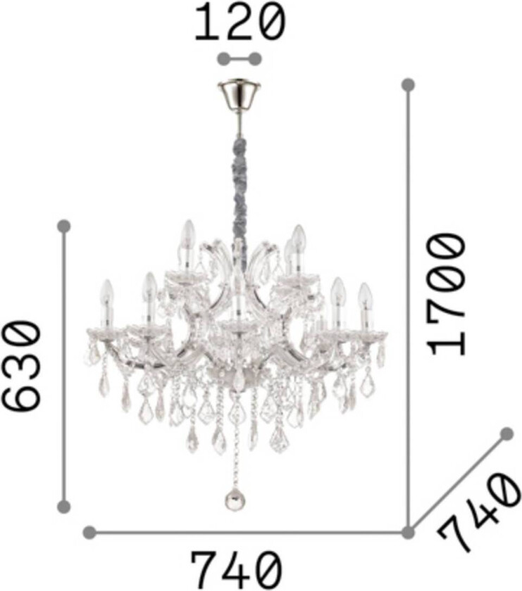 Ideal Lux lysekrone Napoleon, gullfarget, krystall 12flg.