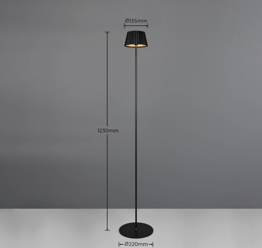 Suarez LED oppladbar gulvlampe, svart, høyde 123 cm, metall