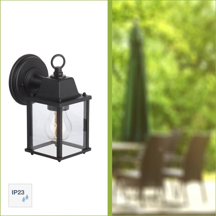 Irvin utendørs vegglampe, høyde 22 cm, svart, metall/glass