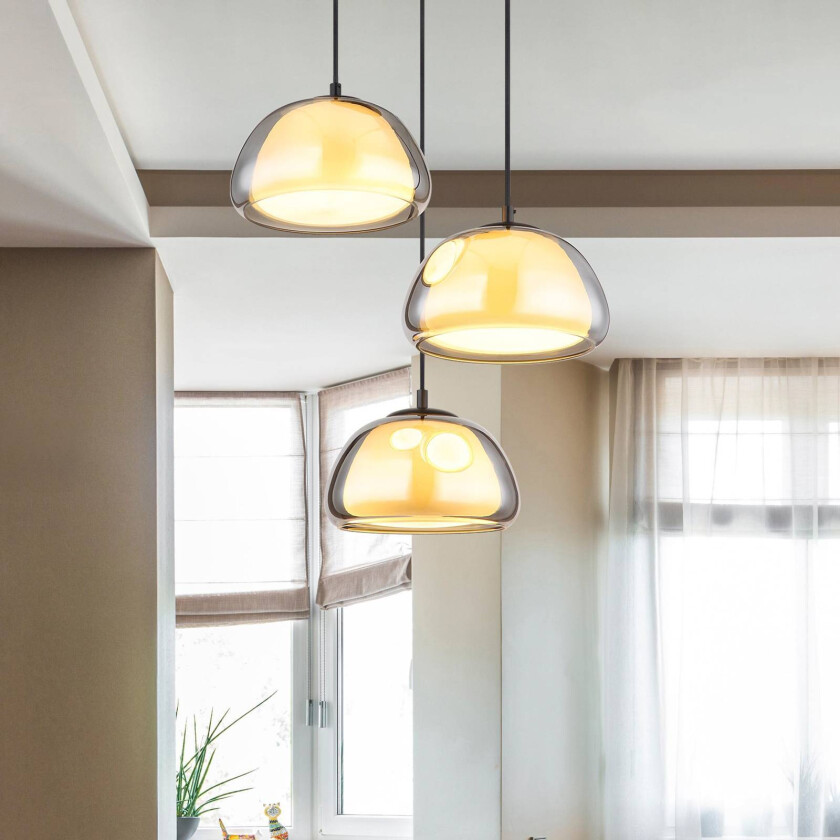 Jella pendellampe, lengde 95 cm, røykgrå, 3-lys, glass