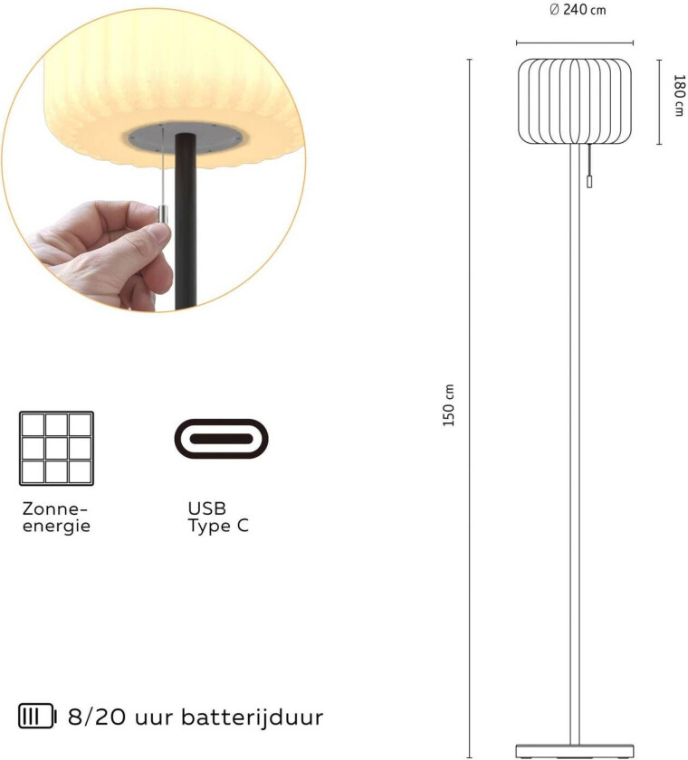 LED-solcellegulvlampe, IP44, med trekkbryter