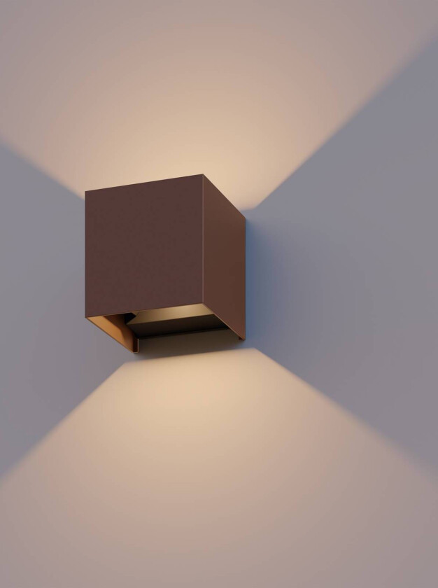 LED utendørs vegglampe Cube, opp/ned, høyde 10 cm, rustbrun