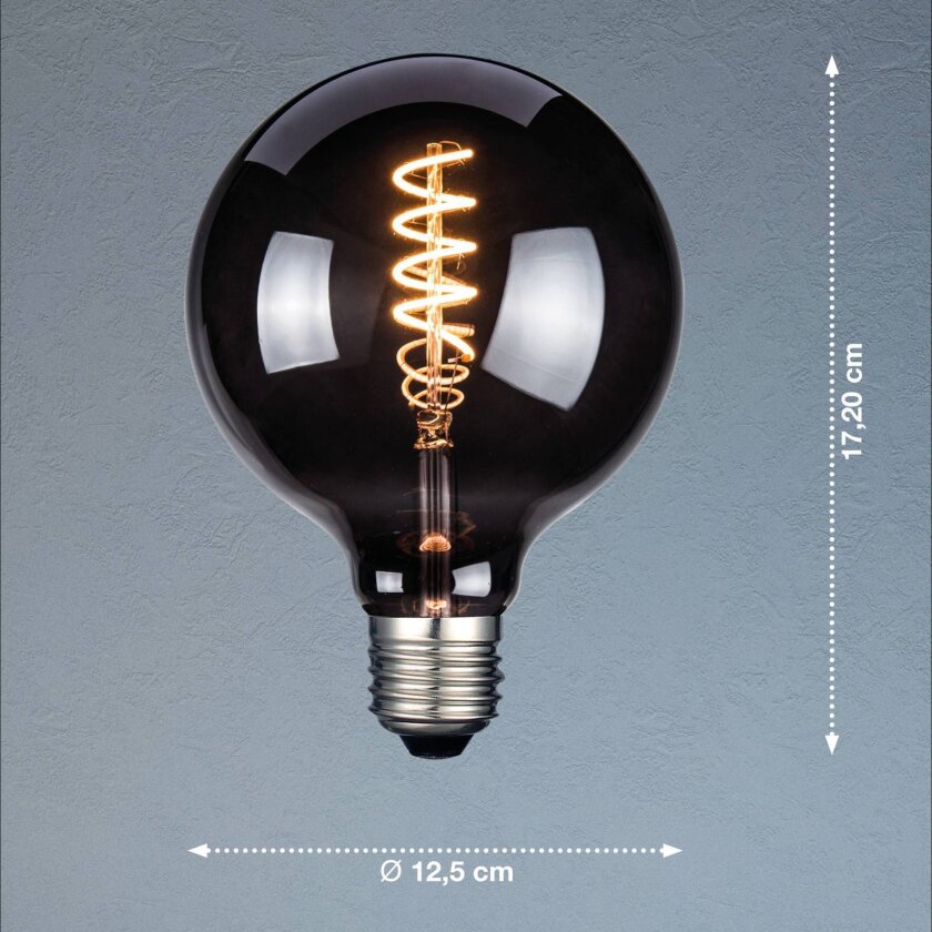 LED-pære, E27, G125, røykfarget, 4 W, 1800 K, 60 lm