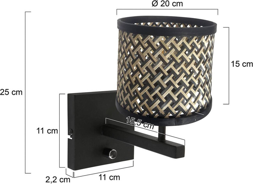 Vegglampe Stang 3709ZW, svart/naturlig flettverk