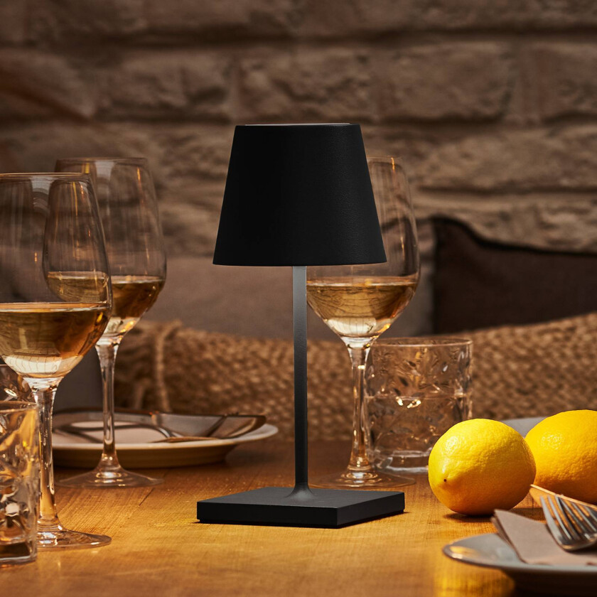 LED oppladbar bordlampe Nuindie mini, USB-C, svart, IP54, dimbar.