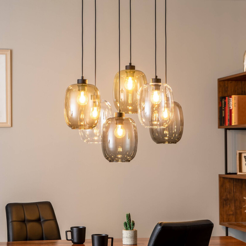 Elio pendellampe, glass, brun/klar/grå, 6-lys rektangel