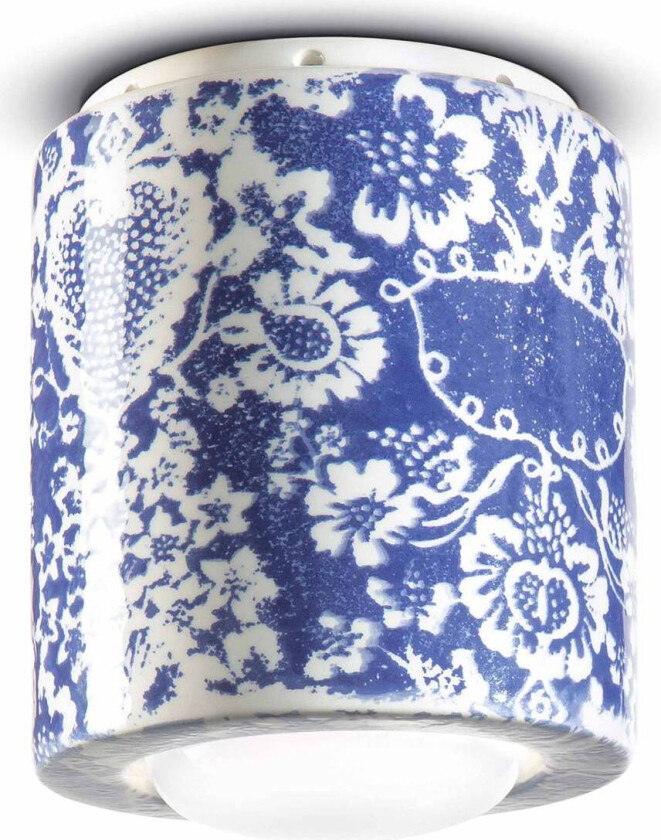 PI taklampe, blomstermønster, Ø 12,5 cm, blå/hvit