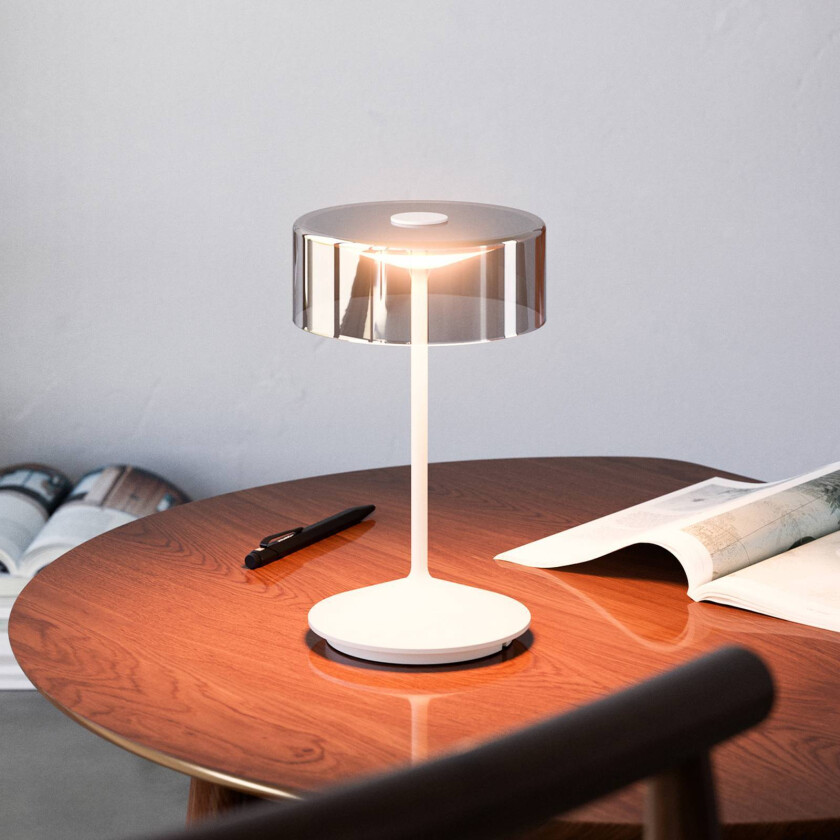 Numotion LED oppladbar bordlampe, hvit, glass, IP54, dimbar