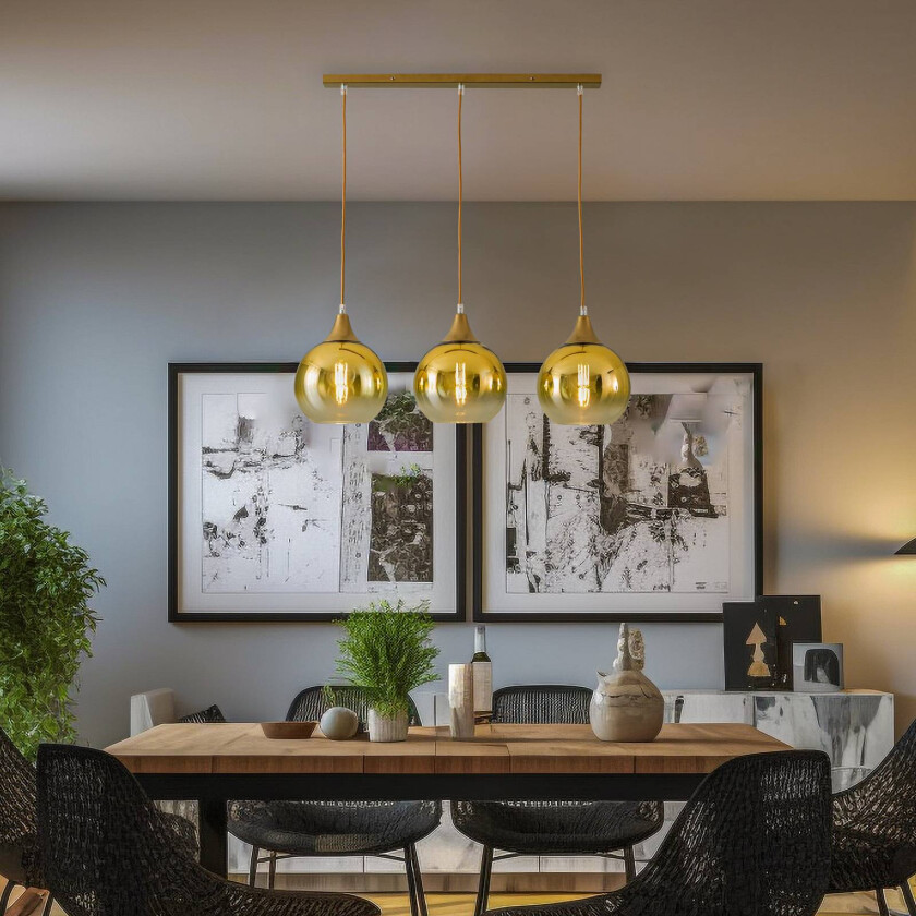 Hengelampe Monte, 3 lyskilder, bjelker, gull
