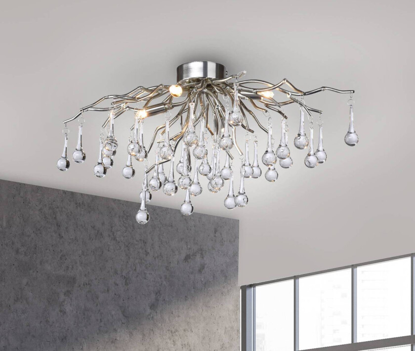 Paul Neuhaus taklampe Icicle, glasspendel, 4 lyskilder, sølv