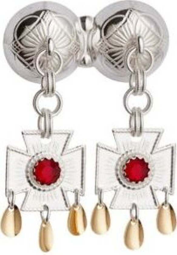 Halssølje Hardanger i 830 hvitt og forgylt sølv med rød sten