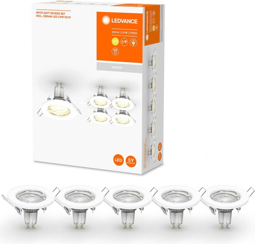 LED-downlight GU10 Recessed 5 stk. hvit
