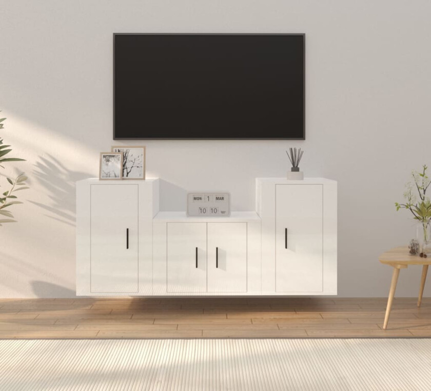 TV-benksett 3 deler høyglans hvit konstruert tre