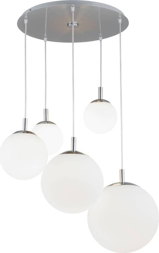 Maroni hengelampe, krom/hvit, glass, 5 lyskilder