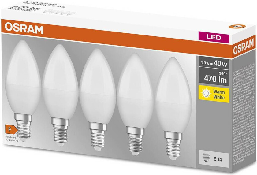 OSRAM Base Classic B LED-mignonpære E14 4,9W 5stk