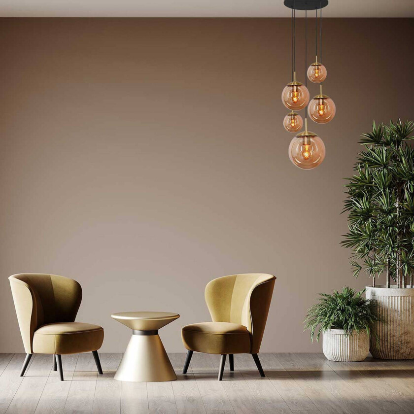 Glass-hengelampe Glasbol, messing, 5 lyskilder