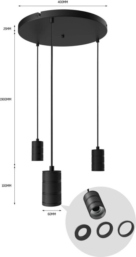 Retro pendellampe, rund, 3 lyskilder, svart