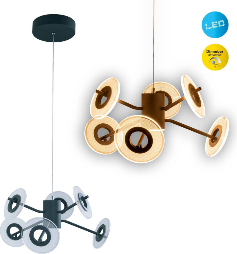 LED-hengelampe Discus i svart, 6 lyskilder