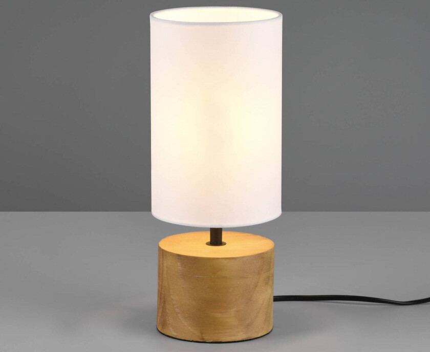 Bordlampe Woody, tre/tekstil, sylinder, hvit