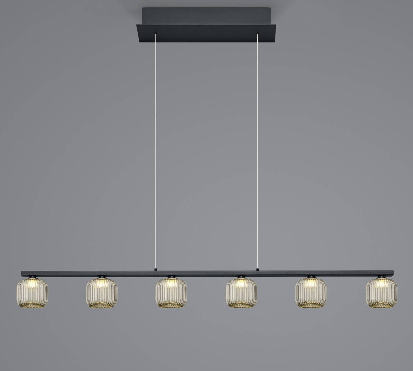 Loft LED-pendel med røykfarget glass, seks lamper