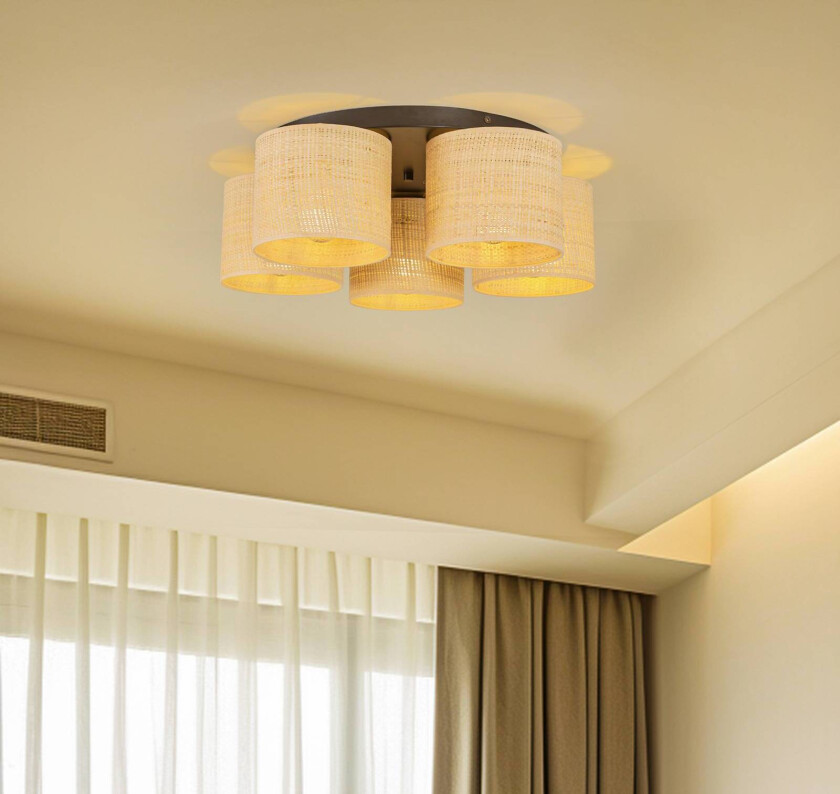 Taklampe Jovin med 5 rottingskjermer