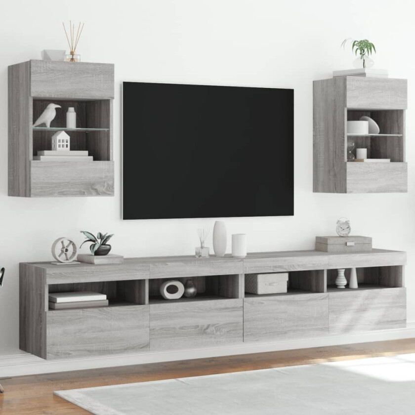 Vegghengte TV-benker med LED-lys 2 stk grå sonoma 40x30x60,5 cm