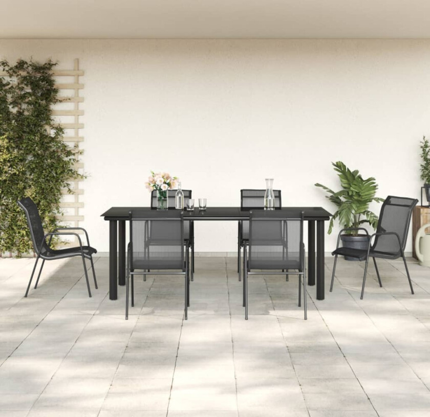 Hagespisegruppe 7 deler svart stål og textilene