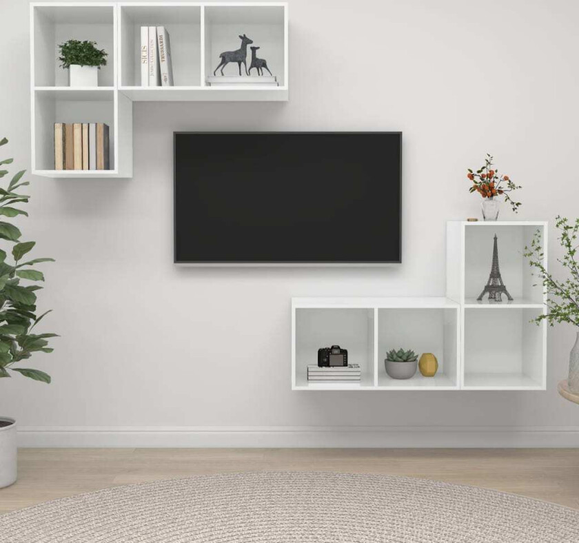 Vegghengte TV-benker 4 stk høyglans hvit sponplate
