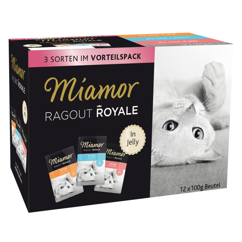 Blandet Prøvepakke Miamor Ragout Royale 12 x 100 g - Kalkun, laks og kalv