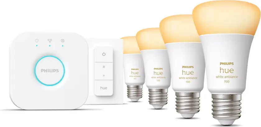 Hue White ambiance Startsett: 4 stk. E27 lyspærer (1100 lm) + dimmer