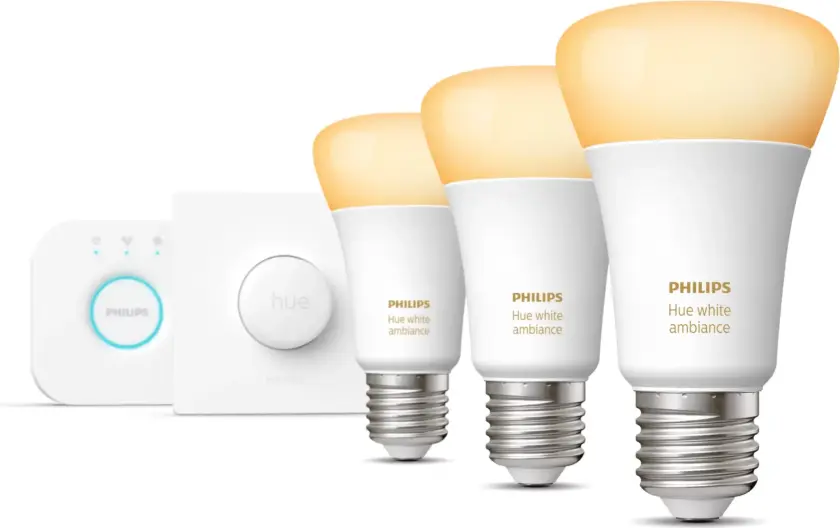Startsett: 3 stk. E27 lyspærer (1100 lm) + Hue Smart button - White ambiance