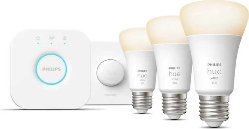 Startsett: 3 stk. E27 lyspærer (1100 lm) + Hue Smart button - White