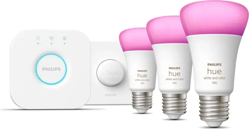 Startsett: 3 stk. E27 lyspærer (1100 lm) + Hue Smart button - White and color ambiance
