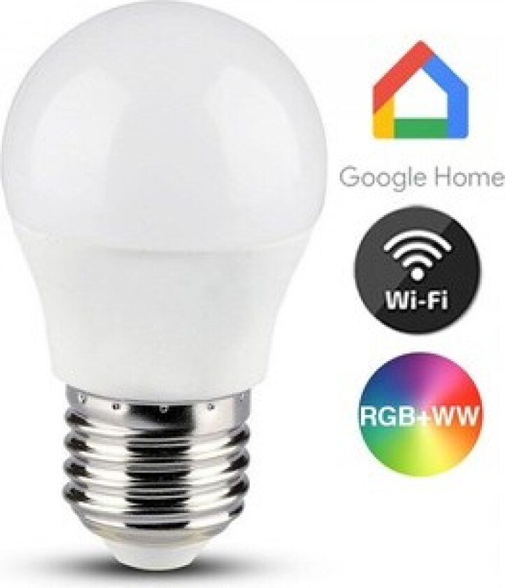 5W Smart Home LED pære - Tuya/Smart Life, Google Home, Amazon Alexa kompatibel, E27, G45 - Dimbar : Via Smart Home, Kulør : RGB + CCT (Varm til Kald Hvit)