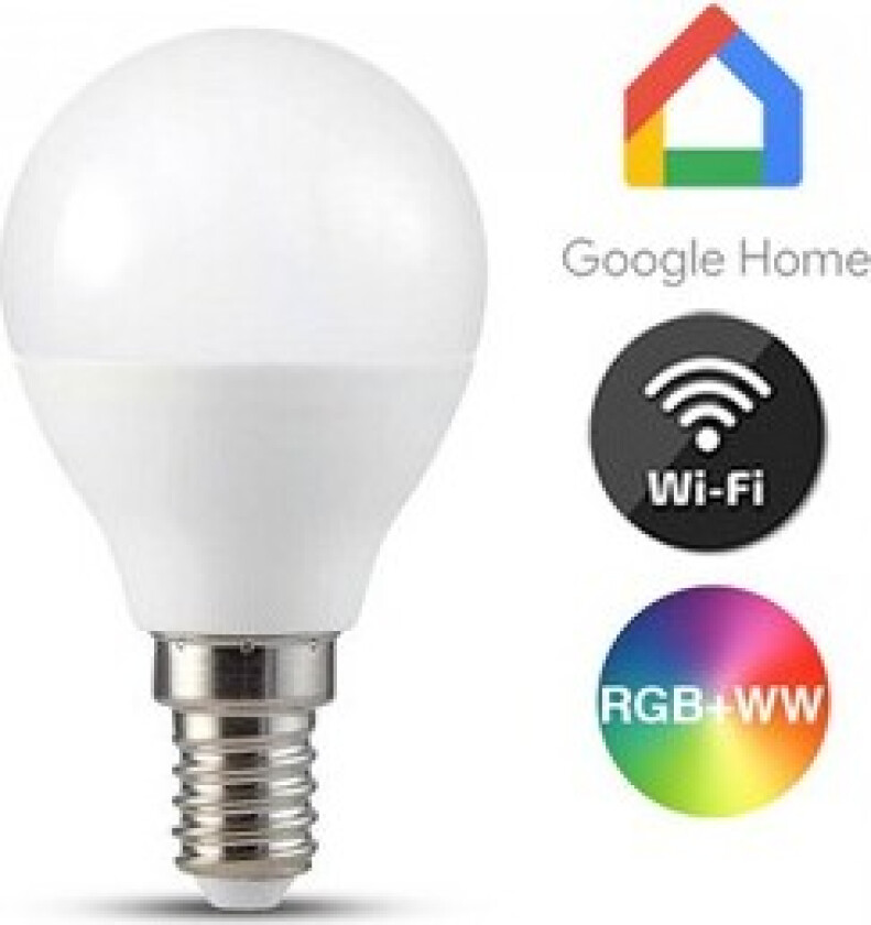 5W Smart Home LED pære - Tuya/Smart Life, Google Home, Amazon Alexa kompatibel, P45, E14 - Dimbar : Via Smart Home, Kulør : RGB + CCT (Varm til Kald Hvit)